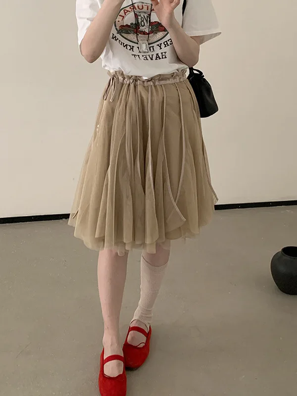 High Waist Dstring Elastic Waist Me f Skirt A-Line  Skirt Dongdaemun Sle Commute Loose Fit  Color