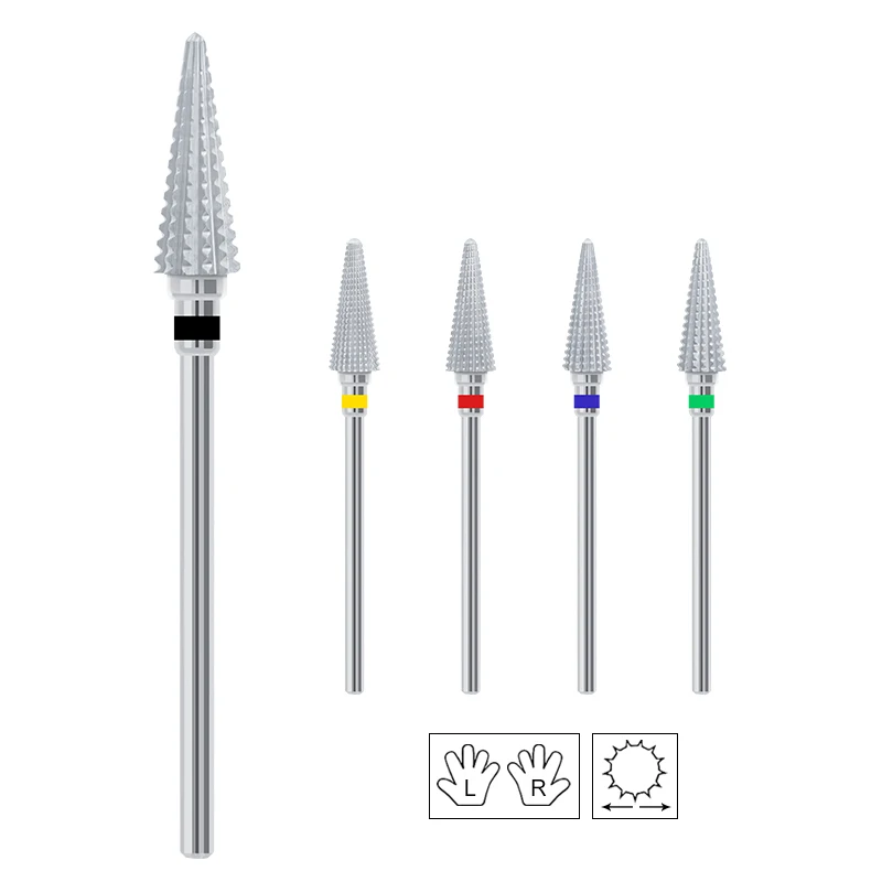 Forets à ongles en tungstène, cône triangulaire de 17mm, Double Rotation en carbure, dissolvant de Gel pour main gauche et droite, outils de manucure de meulage 3/32