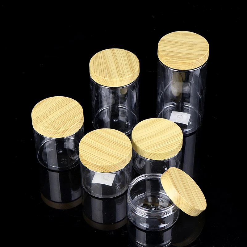 Empty Clear Jar Container With Plastic Imitation Wood Lid Plastic Storage Bottle