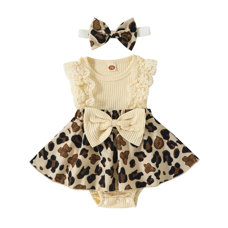 Baby Girl 2Pcs Summer Outfits Sleeveless Leopard Print Romper Dress with Headband Set