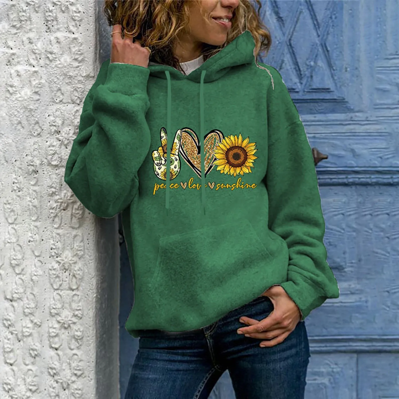 Women Sunflower Print Valentine Oversized Hoodie Spring Autumn Loose Hooded Pockets Sweatshirt Hip Hop Female Pullover Hoodies