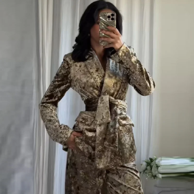 

Женский элегантный костюм из двух предметов в стиле ретро, винтажный бархатный текстурированный топ на шнуровке, удобные эластичные длинные брюки, новая уличная одежда для поездок на работу