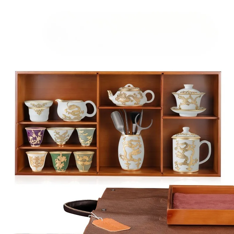 Teacup inlaid with jade craftsmanship Ding kiln Kung Fu tea set high-end