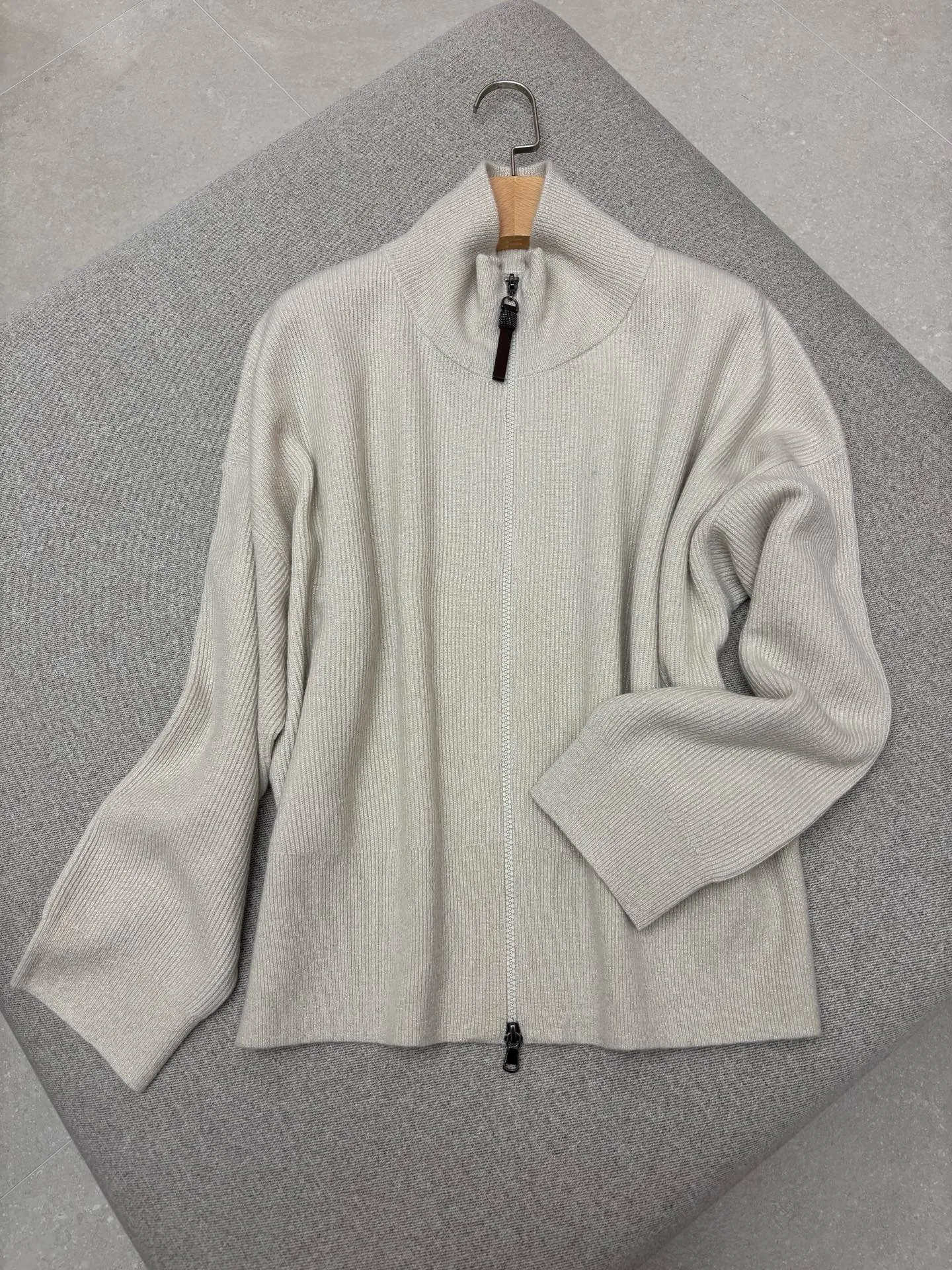 Ribbed Knit Co-ord Set Stand Collar Zip Front Jacket & High Waist Loose Knit Pants For Women