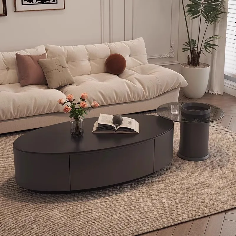 

Овальный журнальный столик из каменной плиты, небольшая квартира, бытовая гостиная, может хранить чайный столик