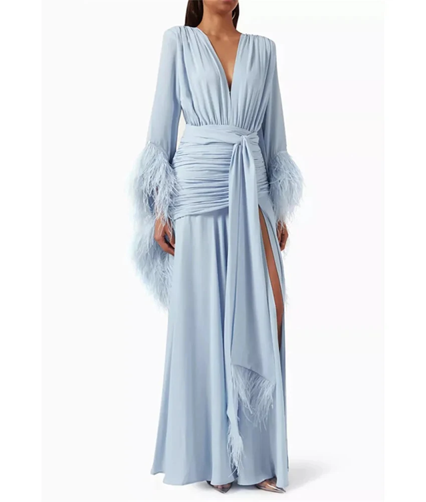 カスタマイズされたクラシックシフォンAラインフェザーイブニングドレス高品質Vネック長袖フロアレングスイブニングドレス