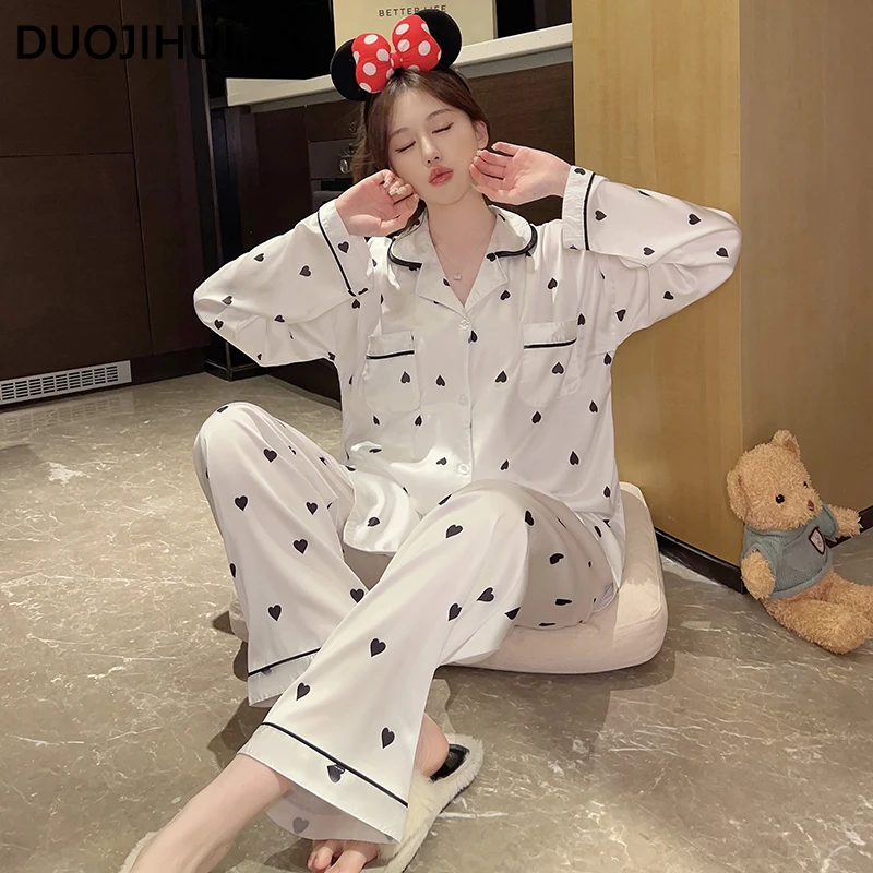 Duojihui Chic Bedrukte Mode Pocket Dames Nachtkleding Set Basis Zoete Vest Eenvoudige Broek Losse Casual Thuis Pyjama Voor Dames