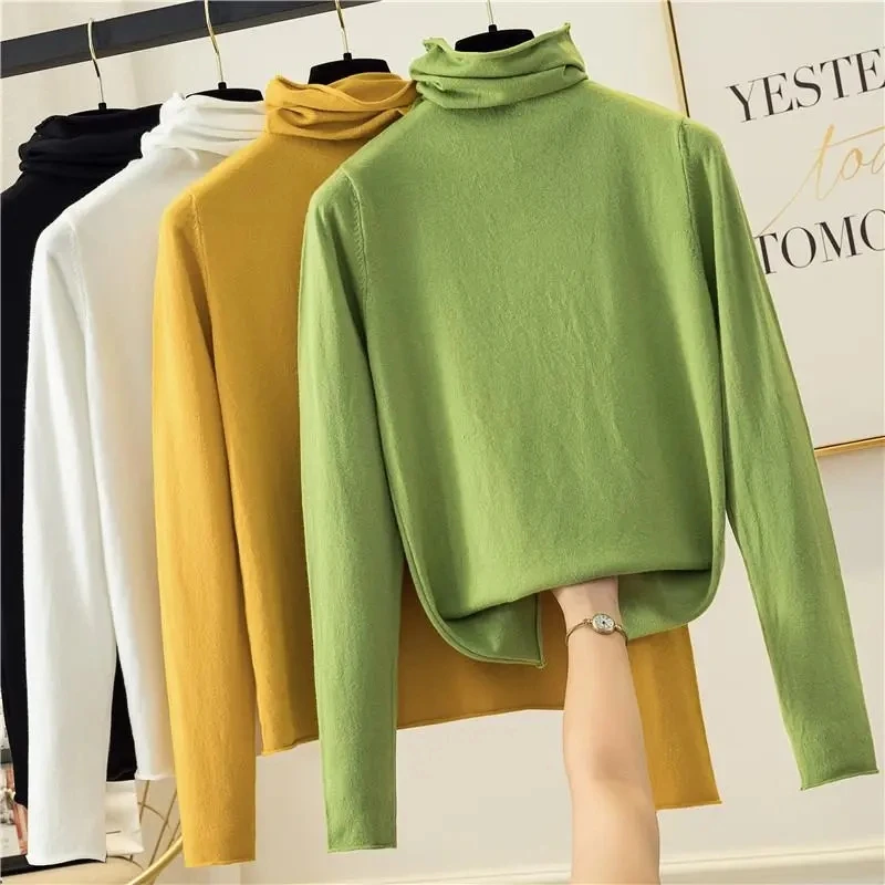 

2024 Women Pullover Turtleneck Sweater Autumn Long Sleeve Slim Elastic Korean Simple Basic Cheap Jumper Solid Color Top