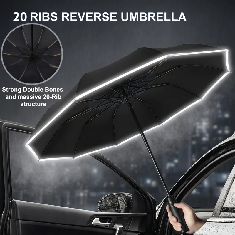 20 Bones Fully Automatic Reverse Folding Umbrella with Windproof Reflective Stripe UV Umbrellas