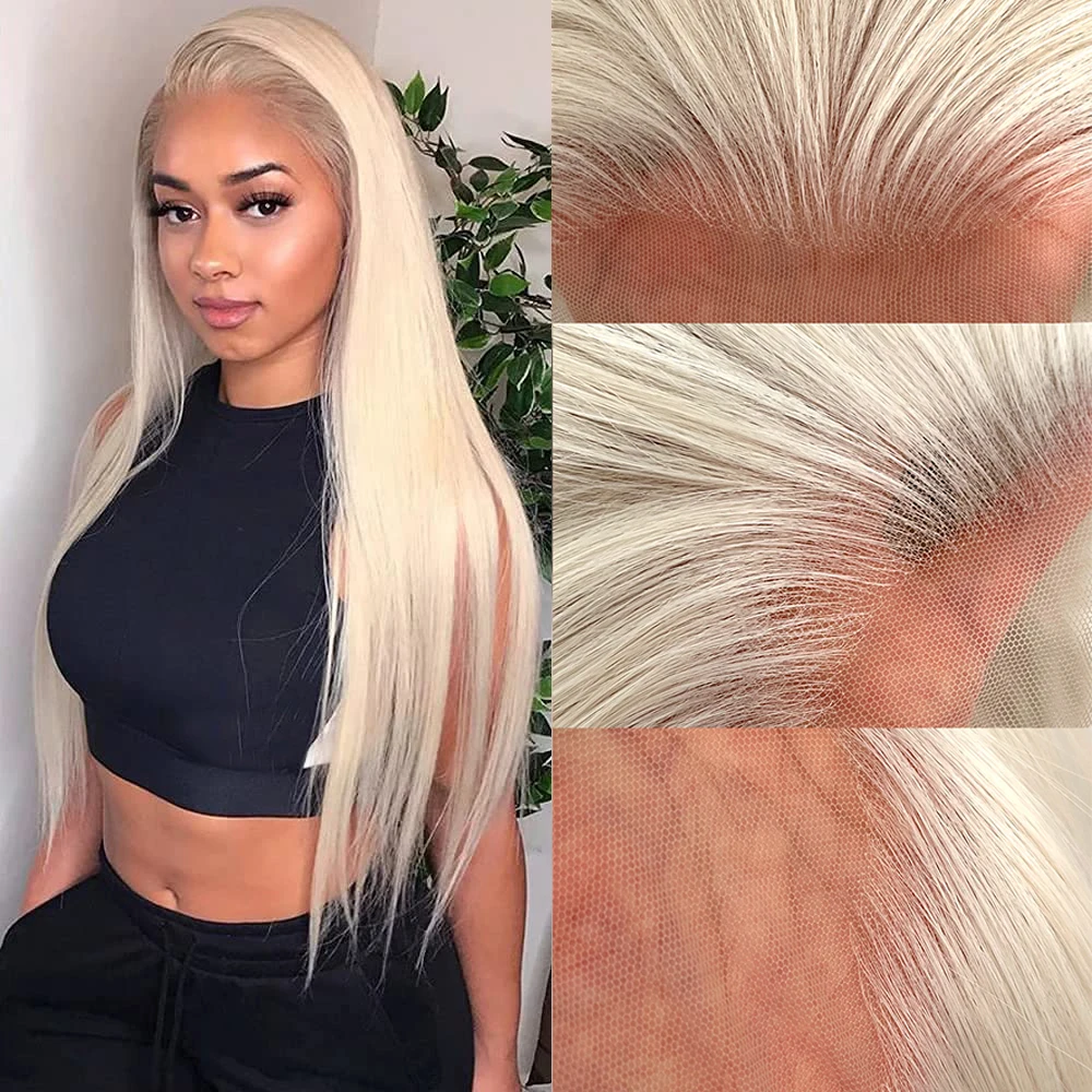 Voguequeen platinum blonde perucas sintéticas do laço da parte dianteira de seda em linha reta resistente ao calor fibra uso diário para mulher