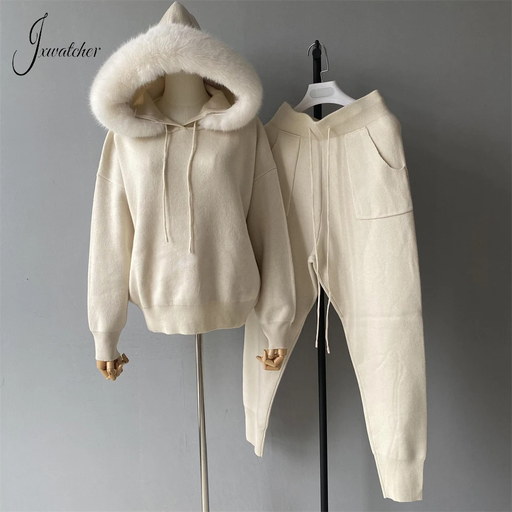 Jxwatcher Sweater wanita, Set dengan kerah bulu palsu musim gugur Pullover bertudung elastis bagus campuran wol sweter hangat musim semi