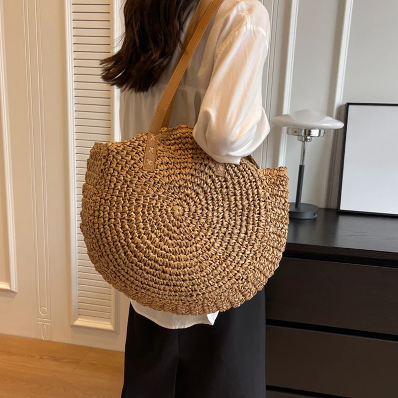 Mode Große Kapazität Handgemachte Stroh Handtasche Frauen Urlaub Strand Casual Tote Top-Griff Taschen Retro Schulter Taschen
