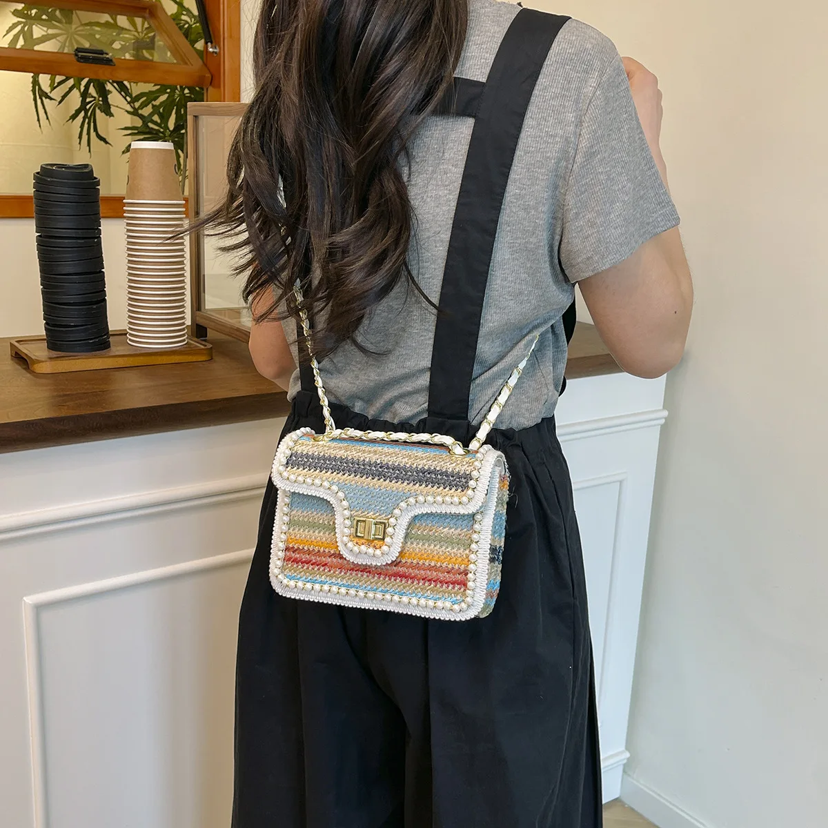 القش المنسوجة حقيبة أزياء شعبية مشبك سلسلة حقيبة عطلة الشاطئ المنسوجة لؤلؤة حقيبة الكتف Crossbody #4