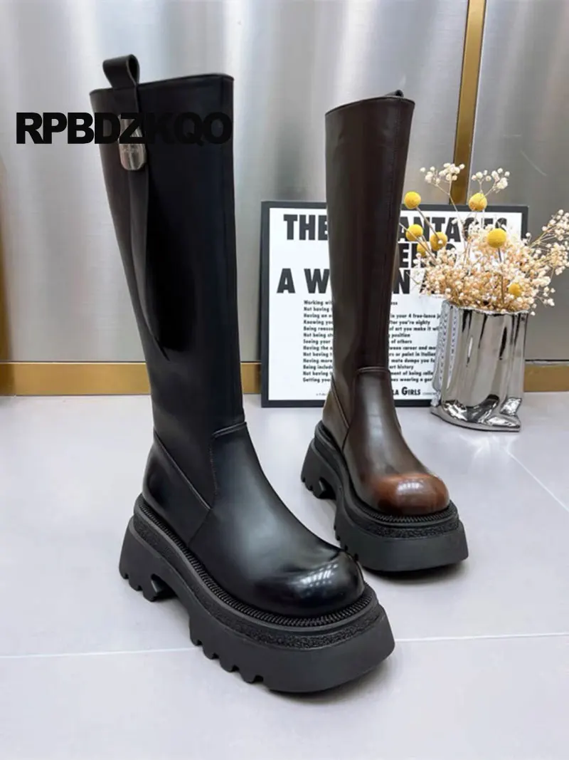 

Tall Trending Punk Knee High Side Zip Platform Rock Heels Women Autumn Metal Round Toe Equestrian Boots Shoes Long Chunky Riding