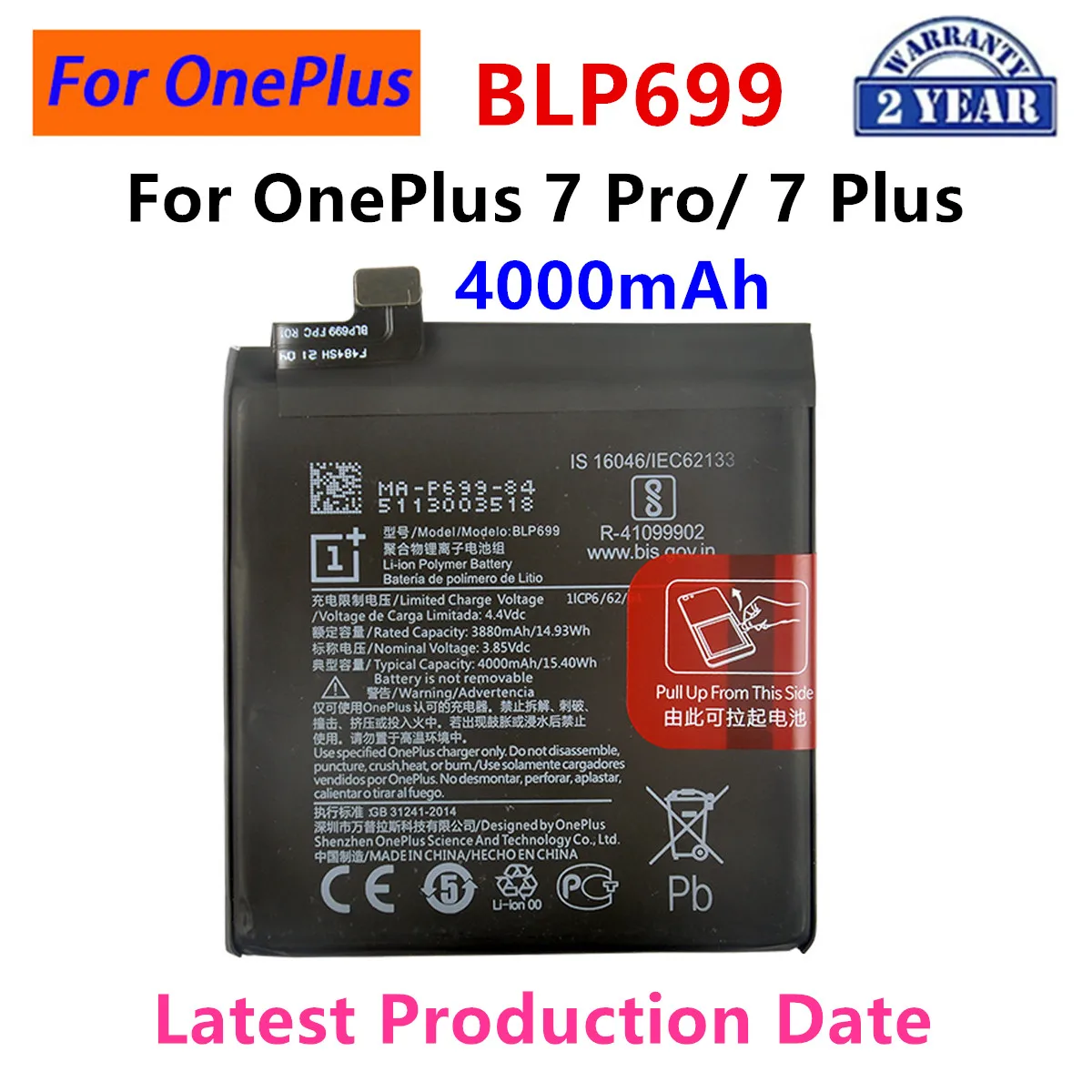 

100% Orginal BLP699 4000mAh Replacement Battery For OnePlus 7 Pro OnePlus 7 Plus Genuine Latest Production Phone Batteries
