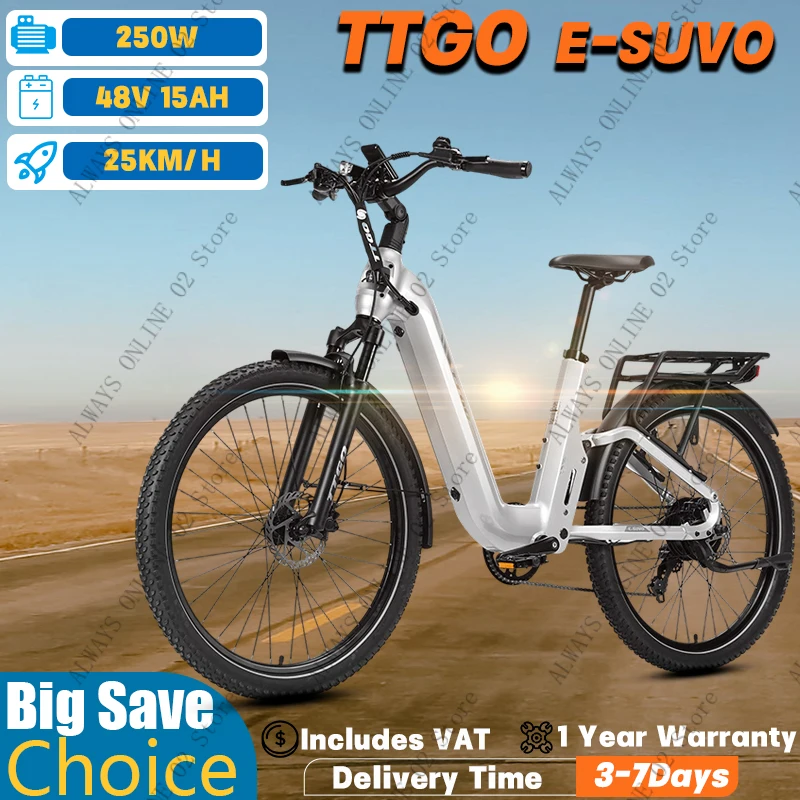 TTGO E-SUVO Erwachsenen-Elektrofahrrad für Stadtpendler, 250W Heckmotor, 48V15Ah Lithium-Akku, E-Bike mit Aluminiumlegierungs-Softtail-Rahmen, 27,5 Zoll Reifen, Hydraulische Scheibenbremsen,