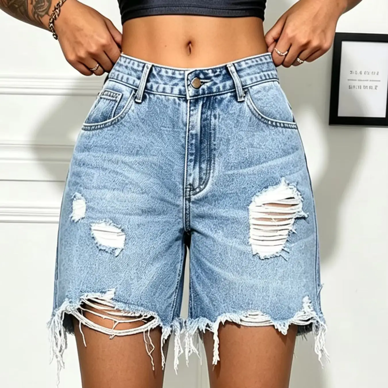 Soft, Skin-Friendly Mid-Rise Women's Denim Shorts with Frayed Edges and Ripped Details—Waist-Cinching, Hip-Hiding, Comfortable