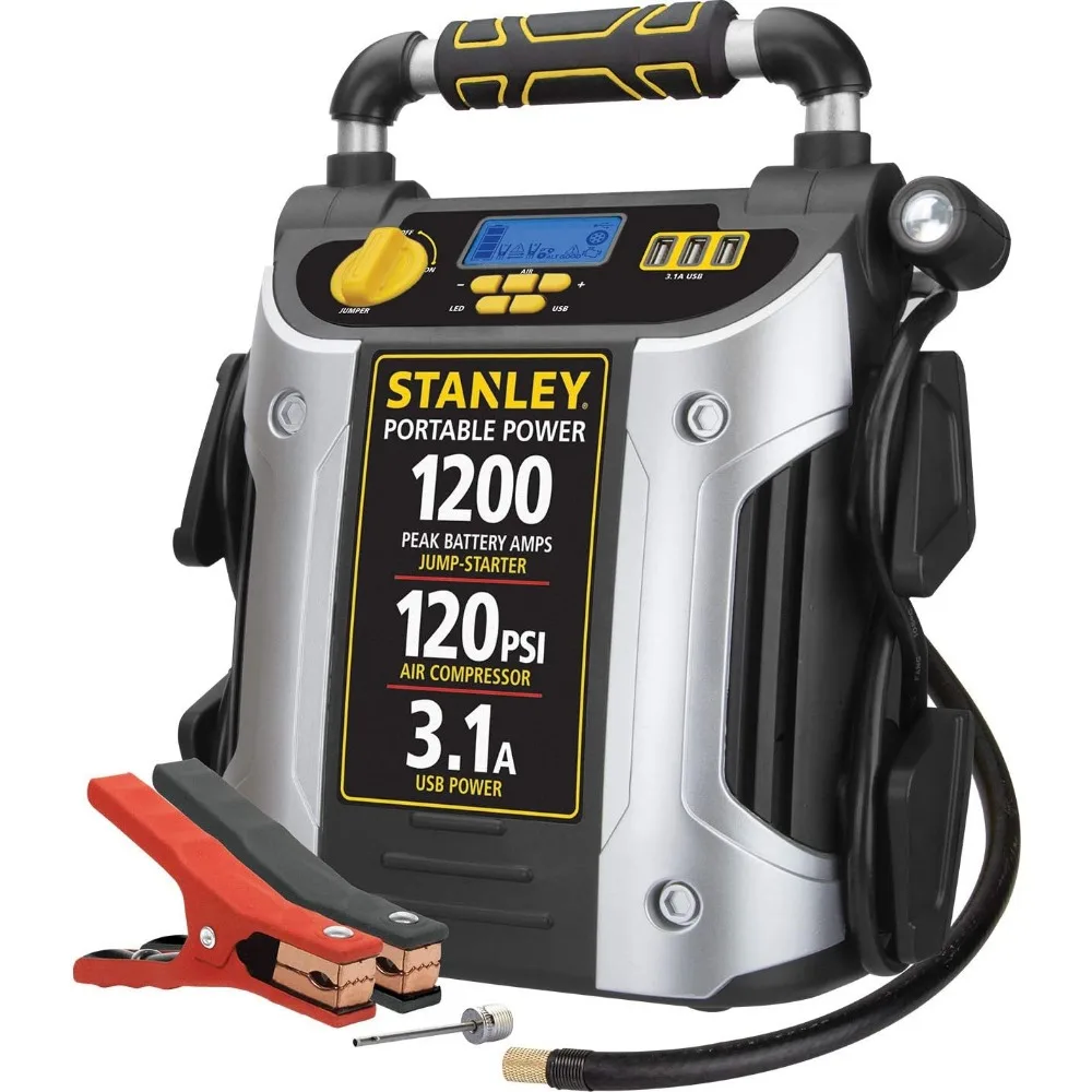 

Stanley J5C09D 1200 Peak Amp Car Jump Starter with Portable Power, 2.1A USB Port, and 120 PSI Air Compressor
