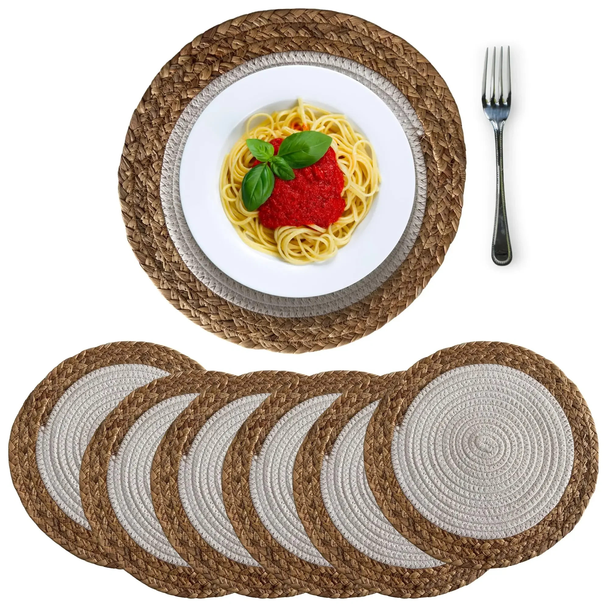 Rattan Placemats Set of 6-12 Inch Round Woven Placemats Anti Slip & Heat Resistant Water Hyacinth Placemats for Plates and Bowls