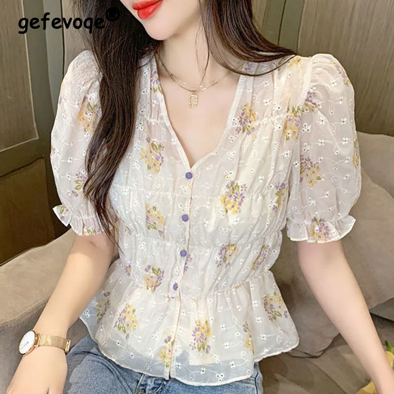 Hollow Embroidery Floral Print V Neck Short Sleeve Elegant Women Shirts Summer Fashion Sweet Chic Slim Top Blouse Clothes Blusas