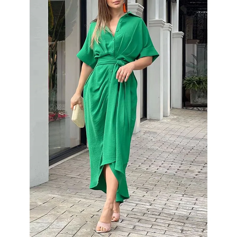 

Women's Lace-up Waist Trimming Short-Sleeved Single-Breasted Shirt Dress, Monochromatic, Summer, New, 2024