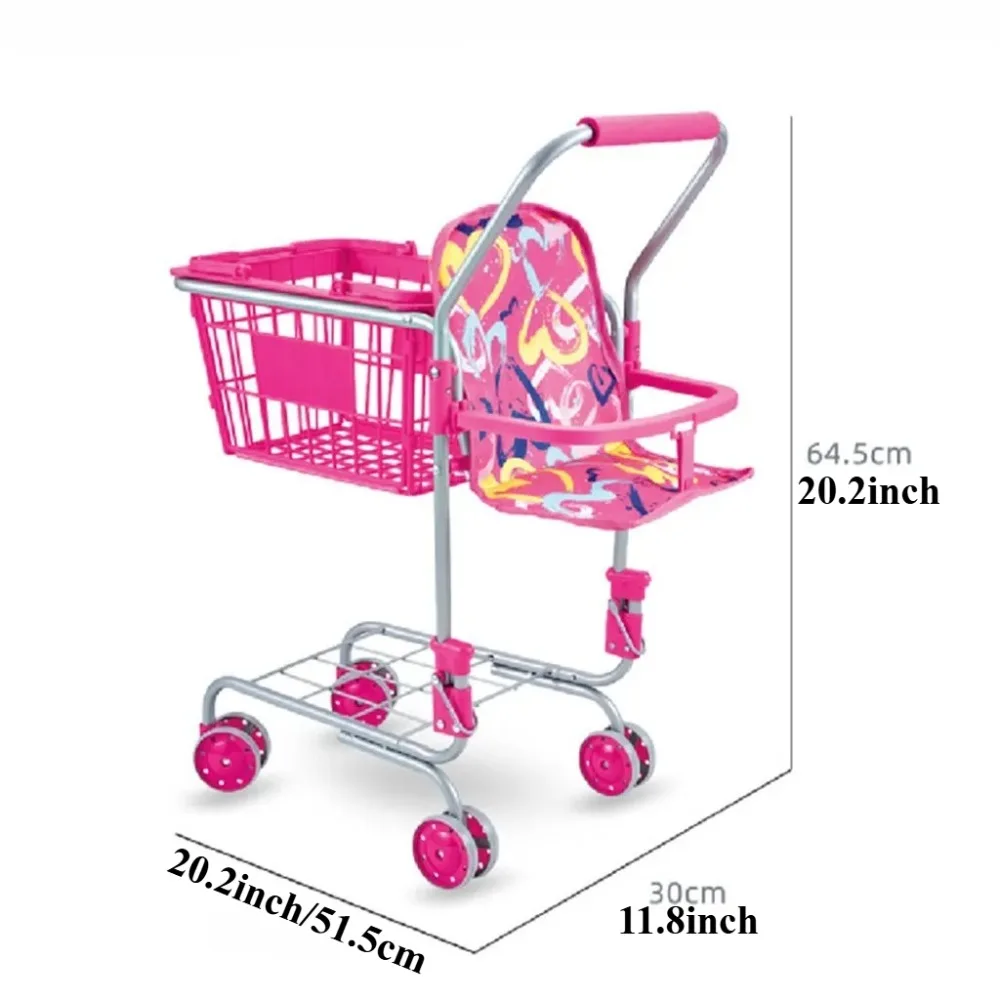 Baby-Puppen-Einkaufswagen für Mädchen, Kinder, Kleinkinder, Rollenspiel, Einkaufsspielzeug mit abnehmbarem Korb, stabiler Metallrahmen, Weihnachtsgeschenke