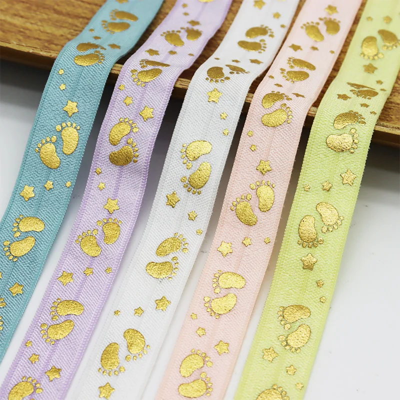 

5/8" 15mm Gold Foil Little Baby Footprint Printed Shiny FOE Band Fold Over Elastic Ribbon For Hair Ties DIY Sewing Accessories