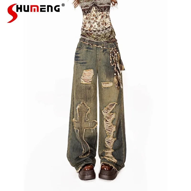 

Retro Ripped Tassel Wasteland Jeans Ladies Design Sense Soft Girl Wide-leg Mopping Trousers Long Denim Pants Women's Clothing