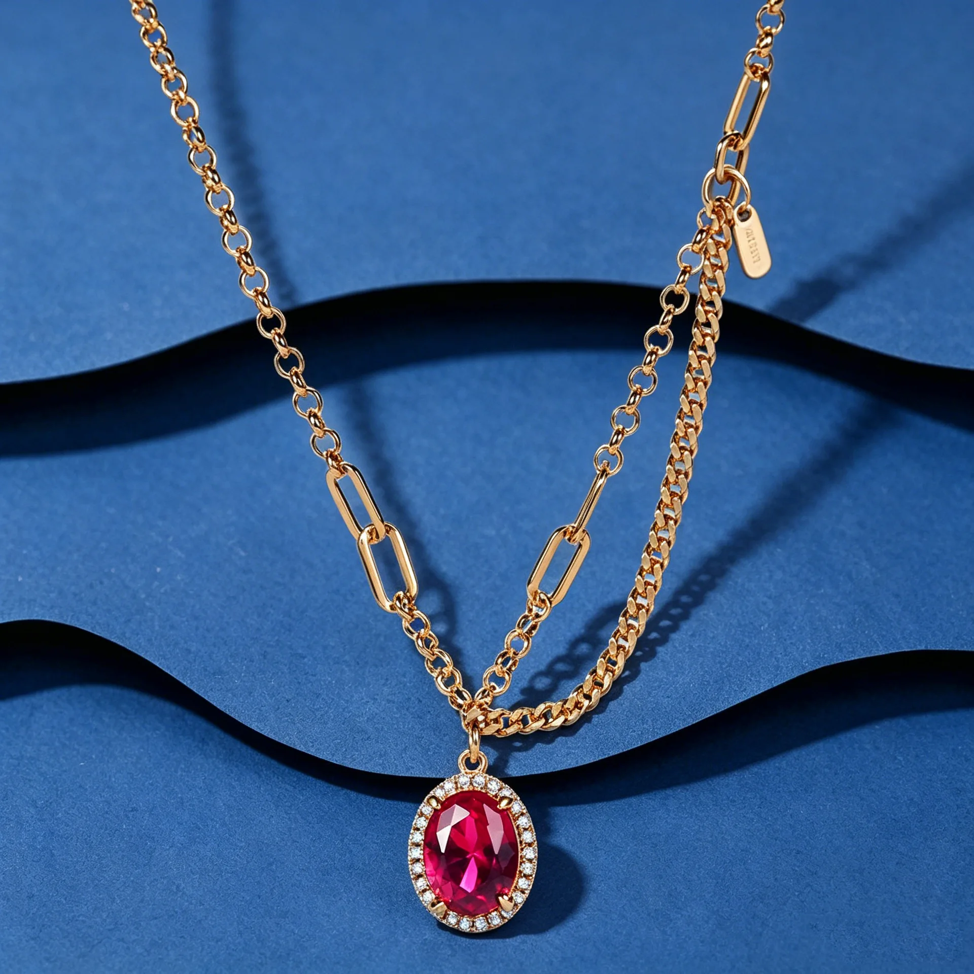 S925 Silver Necklace Retro Style Oval Red Treasure Thick Cuban Chain Splicing Paperclip Collarbone Chain Double-Layer Layered Necklace Elegant Light Luxury Valentine's Day/Commemorative Gift Birthday Gift Holiday Gift Unique Jewelry