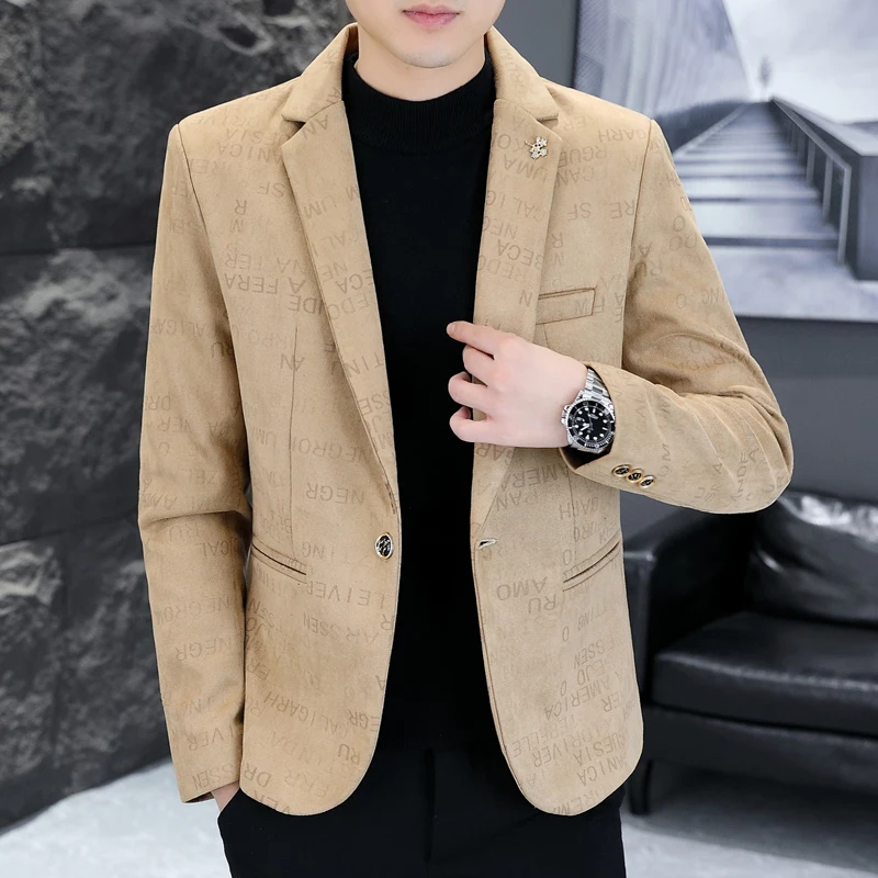 

Autumn Winter Letter Printed Suede Suit Jacket Men Slim Casual Business Men Blazers Korean Fashion Social Jacket Men Clothing