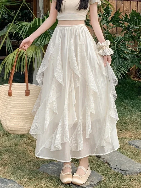Romantic Style Asymmetrical Lace Hem Half Skirt Women's Summer Slimming Hip Covering A-Line Umbrella Long Skirt Polyester Fiber