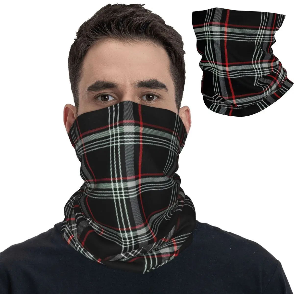 Recaros Black Tartan Scotch Irish Plaid Bandana Neck Cover Printed Balaclavas Wrap Scarf Headwear for Men Women Adult Windproof