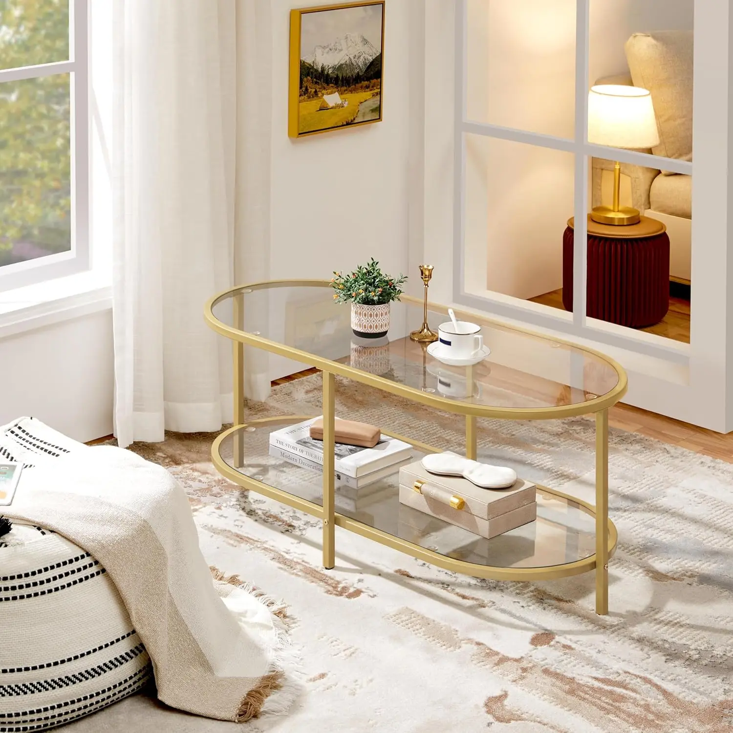 

Umail Furniture Gold Coffee Table 42" Oval Glass Coffee Table for Living Room 2-Tier Center Tea Table with Storage Shelf