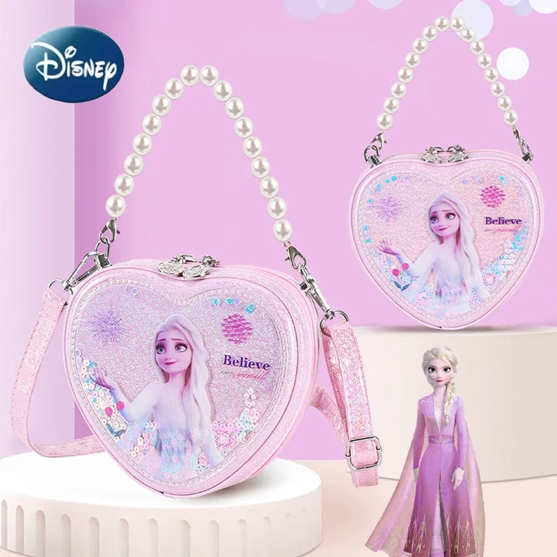 

Сумка через плечо Disney Elsa, блестящая сумочка с зыбучим песком и жемчугом, сумка через плечо в форме сердца для девочек, подарки