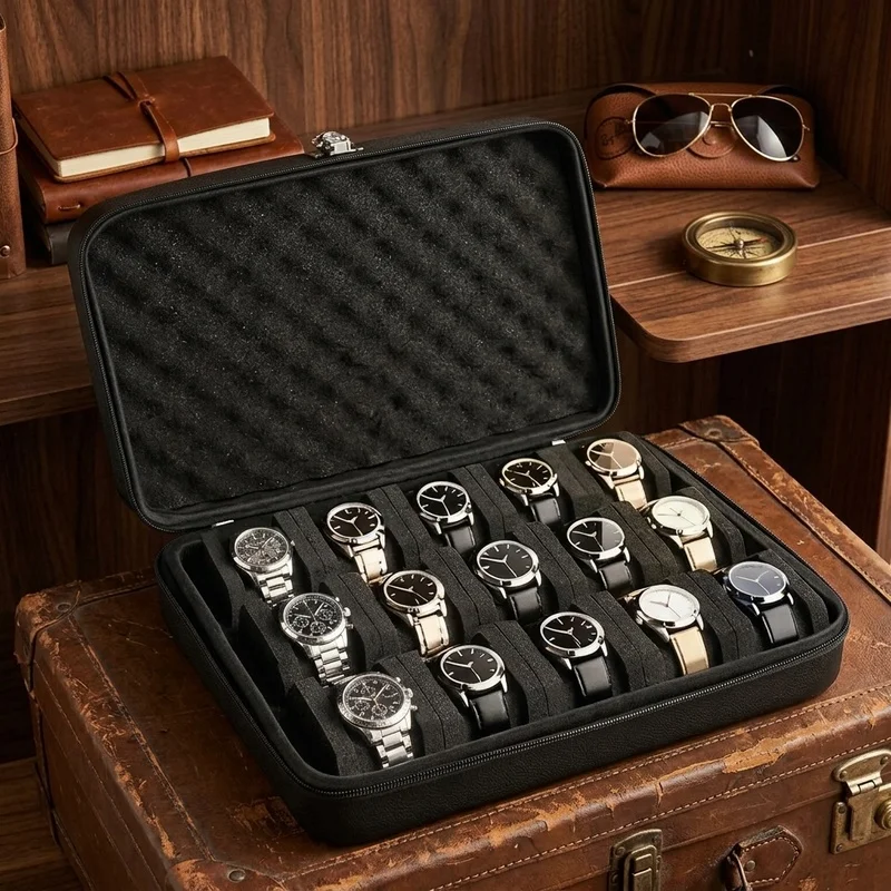15-Slot Watch Storage Box, Portable Jewelry Organizer Display Case with Soft Cushions, Large Capacity Watch Holder for Home