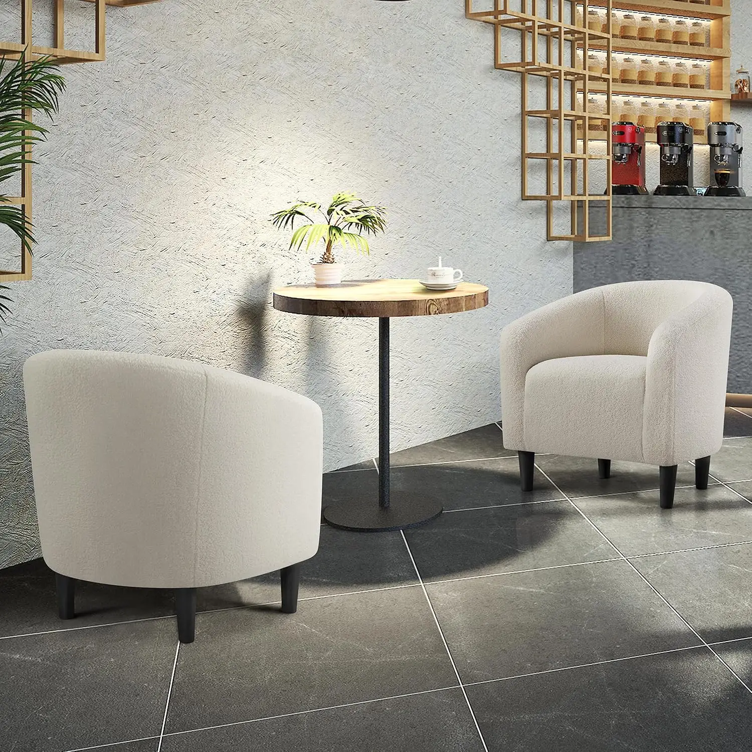 Small Boucle Accent Chair Set of 2, Ivory Compact Barrel Chair with Curved Silhouette, Upholstered Furry Armchair for Living Roo