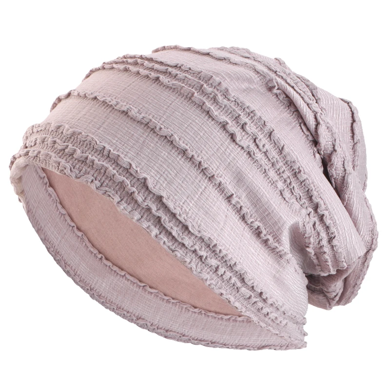 Neue doppellagige, plissierte Spitzen-Slouchy-Mütze, eleganter, geraffter Turban, Kopftuch, muslimischer Hijab, elastische, einfarbige Mütze, Chemio-Cap – Detail 8