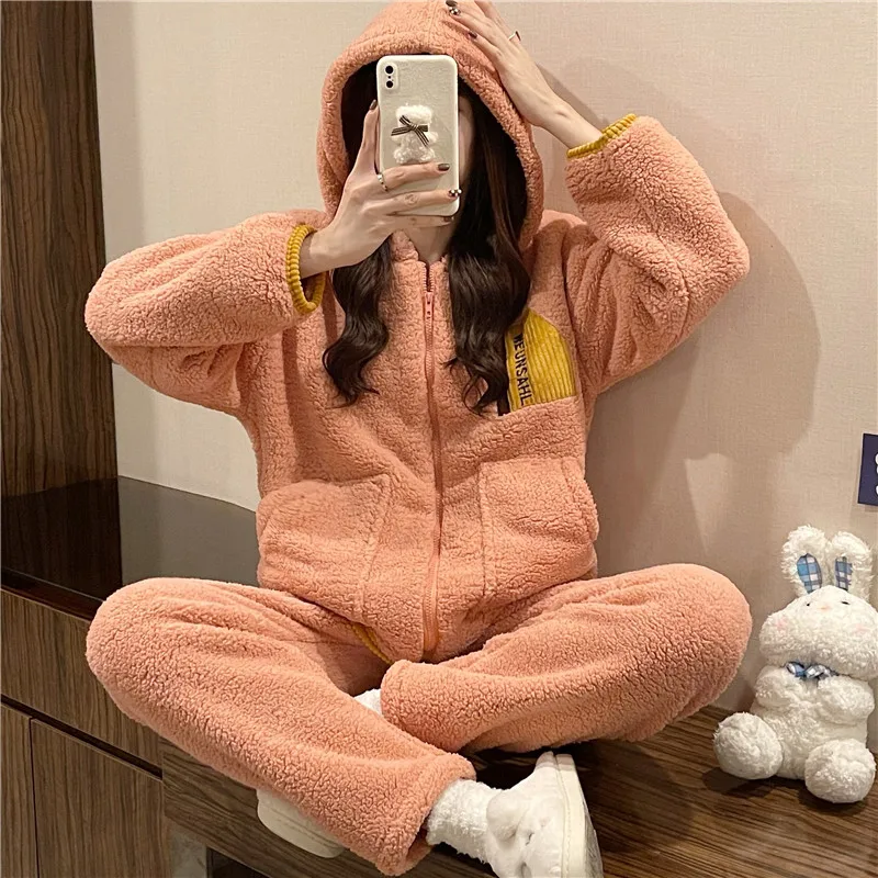 Coral velvet pajamas for women with thick autumn and winter warm home wear 2022 new Teddy velvet zipper high collar suit