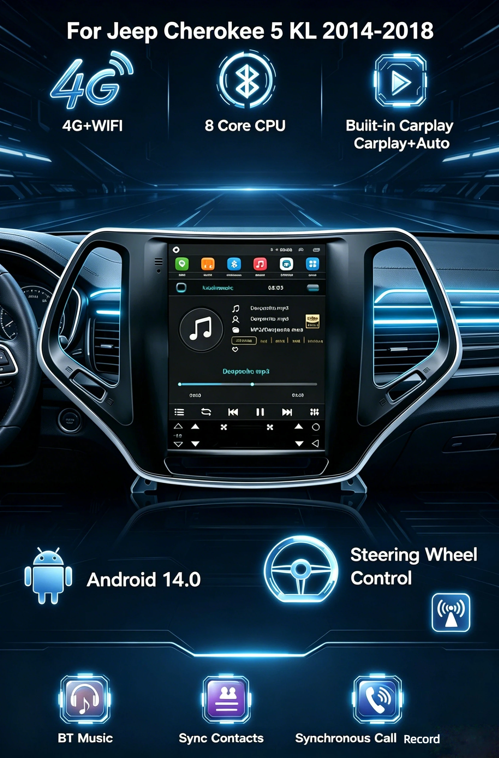 Android 14 Car Radio GPS Navigation Multimedia Player For Jeep Cherokee 5 KL 2014-2018 CarPlay DSP 4G WiFi Stereo Head Unit