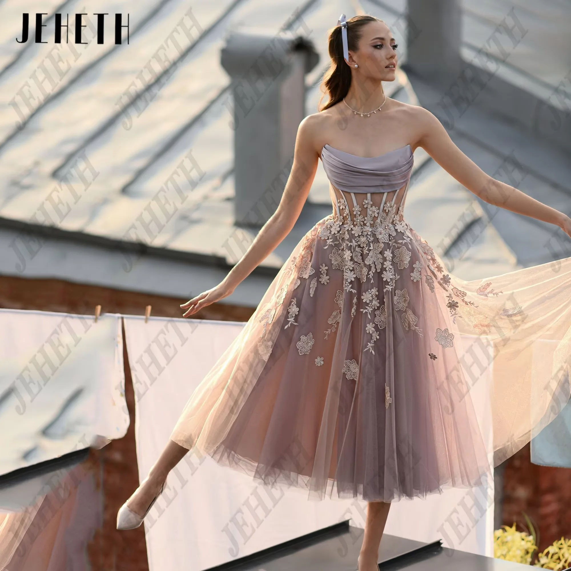 JEHETH Customized Strapless Prom Dresses for Women Applique Sleevelss Corset Vestidos De Gala Pastrol Party Gowns Tea Length image 3