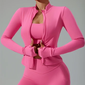 여성용 지퍼 요가 재킷, 야외 달리기 스포츠 재킷, 체육관, 푸시 업 피트니스, 긴팔 재킷, 빠른 건조 엄지 단추 요가 탑