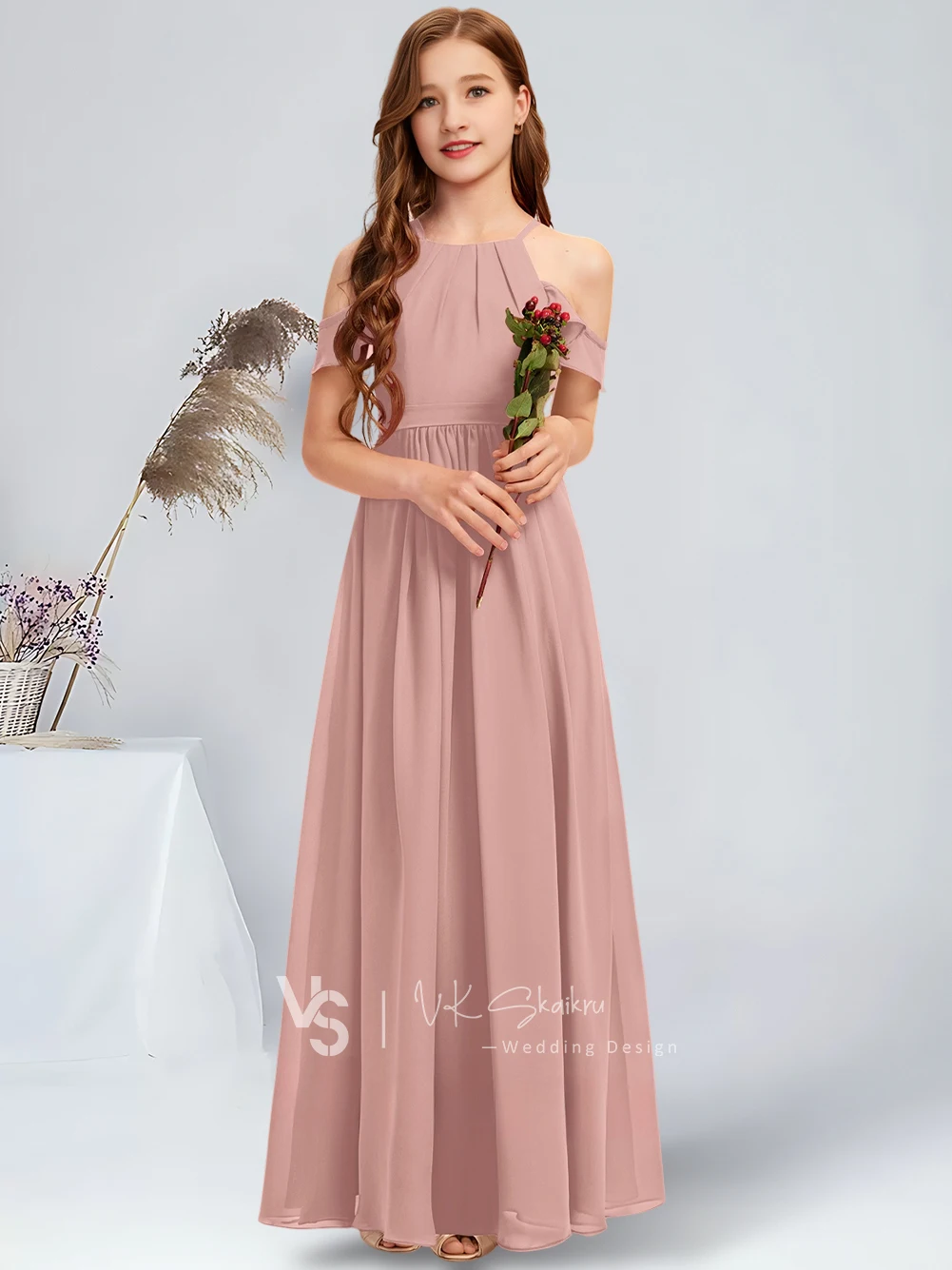 Elegant A-Line Halter Floor-Length Chiffon Junior Bridesmaid Dress Stunning Dusty Rose Flower Girl Gown for Wedding Party Teens