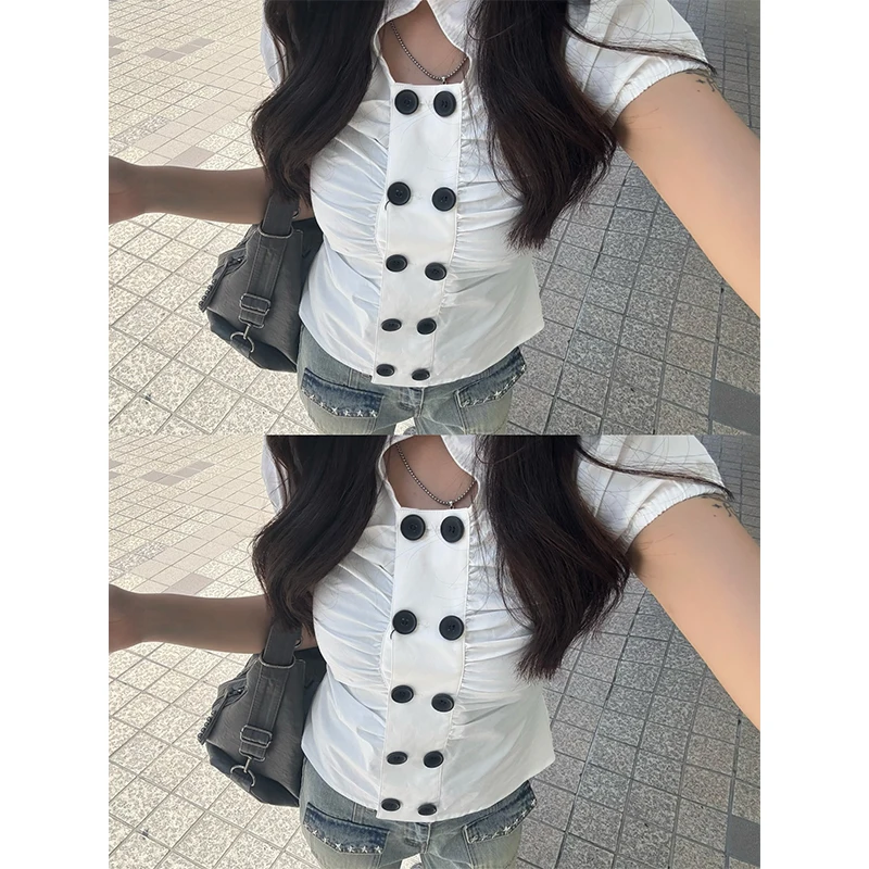 Y2K Korean fashion Harajuku polkat dot popular double-row button decoration Sweet spicy hollow out style short sleeve T-shirts
