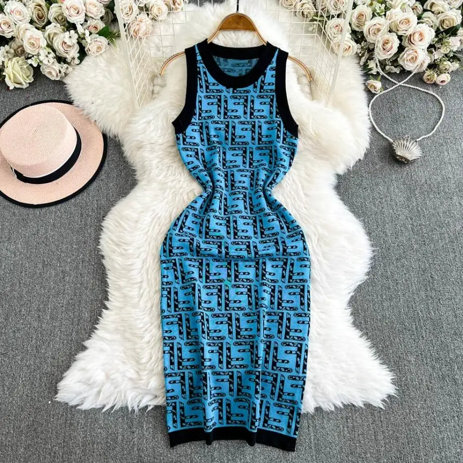 Chic vintage femmes été mince lettre imprimer tricoté moulante midi débardeur fête gaine robes genou longueur sexy club vestidos