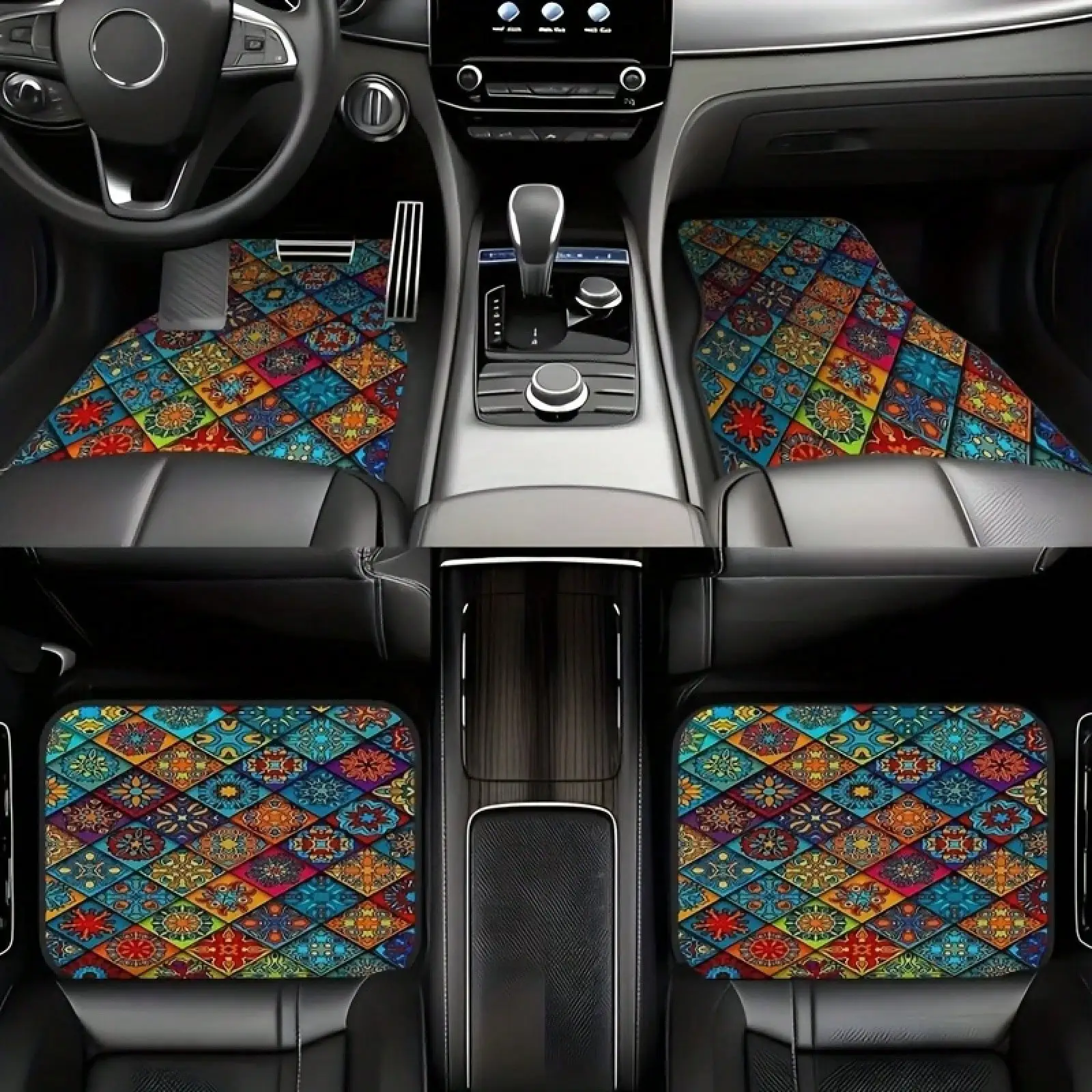 Set Of 4, Bohemian-Style Mandala Design Car Floor Mats, Universal Non-Slip Interior Additions, Made From Easy-To-Clean Synthetic