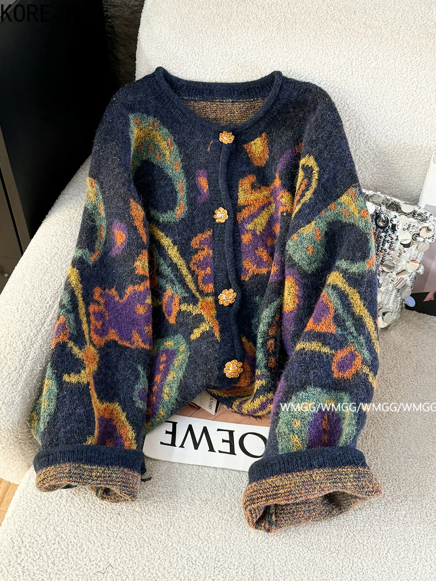 

Korejpaa Autumn Retro Sweater Cardigan Women Korean Fashion Thick Metal Buckle Embroidery Knitted Jacket Gentle Vintage Clothes