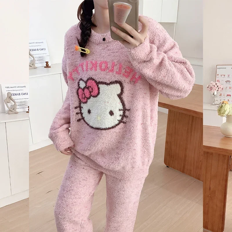 Cartoon Hello Kitty Pyjamas Winter Strickpullover Pullover Zweiteiliges Set Sanrio Baumwolle Hello Kitty Loungewear Damen Pyjamas