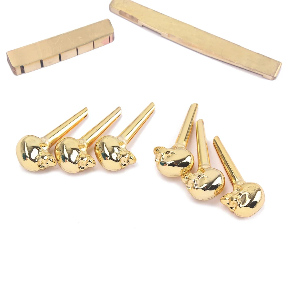

Brass Guitar Bridge Nut Saddle Polished Flat Bottom Durable Acoustic Guitar Part Skull Design Replacement Bridge with Nut
