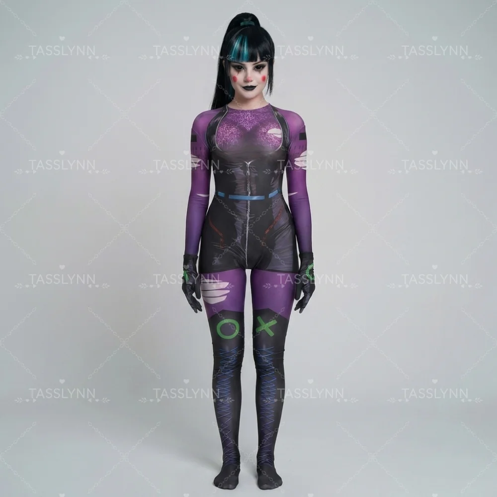 Cyber Punk Clown Girl Punchline Cosplay Zentai Bodysuit Purple Black Print Full Body Jumpsuit Halloween Cos Costume view 5