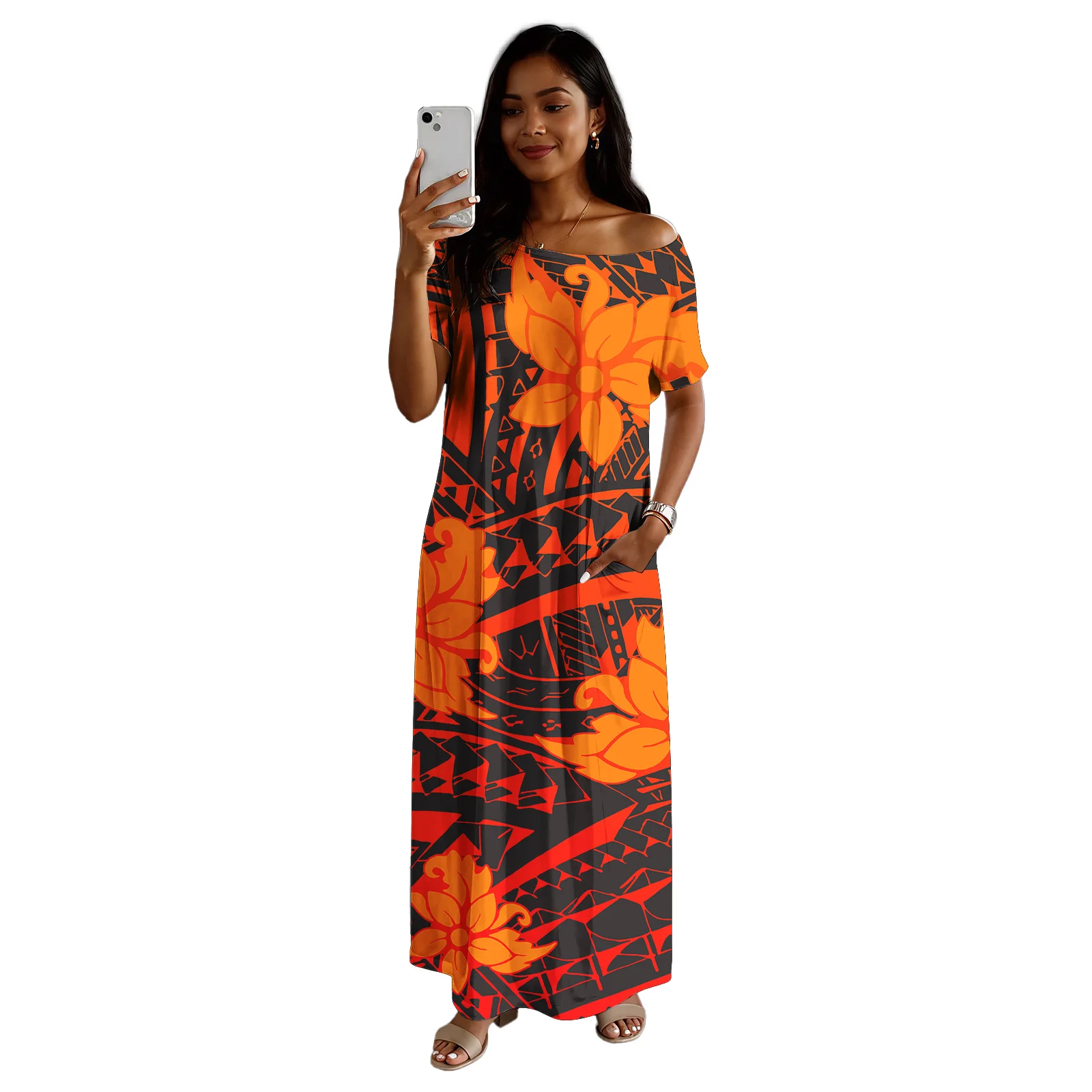 2026년 신상 디자인 맞춤 여성 의류 콜드 숄더 사모아 폴리네시아 캐주얼 여성 스커트 하와이안 여성 비치 드레스